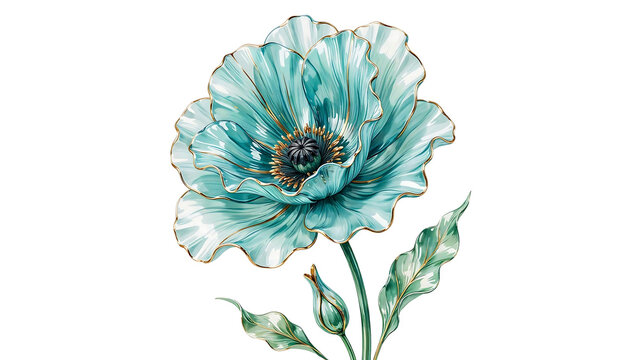 Delicate blue opal poppy flower isolated on a transparent background, floral delicate petals, botanical transparent background