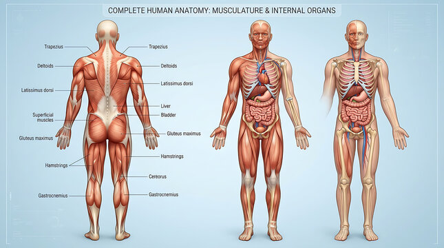 Complete human anatomy chart showing musculature and internal organs