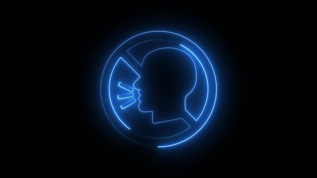 Blue neon quiet zone sign icon with human silhouette and no speaking symbol on black background animation.