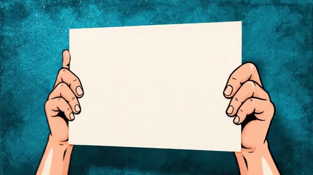 Cartoon hands holding a blank white sign against a blue textured background