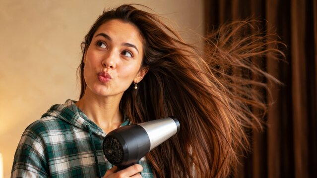 A woman playfully dries her hair with a hairdryer, creating a lively and fun atmosphere indoors.