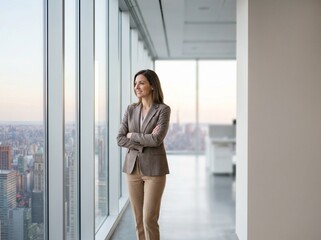 Fototapeta premium Confident businesswoman in brown blazer standing with arms crossed by floor to ceiling window in high rise city office