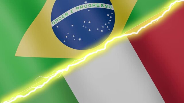 Two waving flags Brazil and Italy with diagonal lightning seamless, 4k loop
