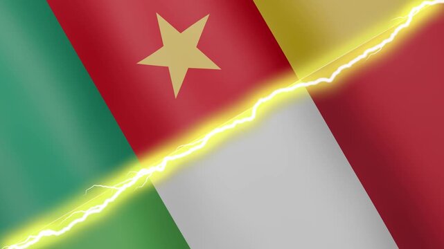 Two waving flags Cameroon and Italy with diagonal lightning seamless, 4k loop