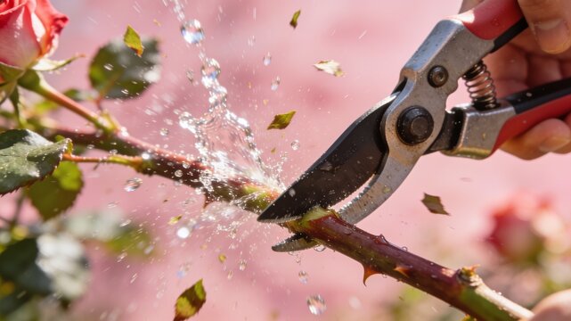 An action shot of metallic pruning shears cutting a thorny rose stem, sending a dramatic splash of water and green sap flying against a pink background.

