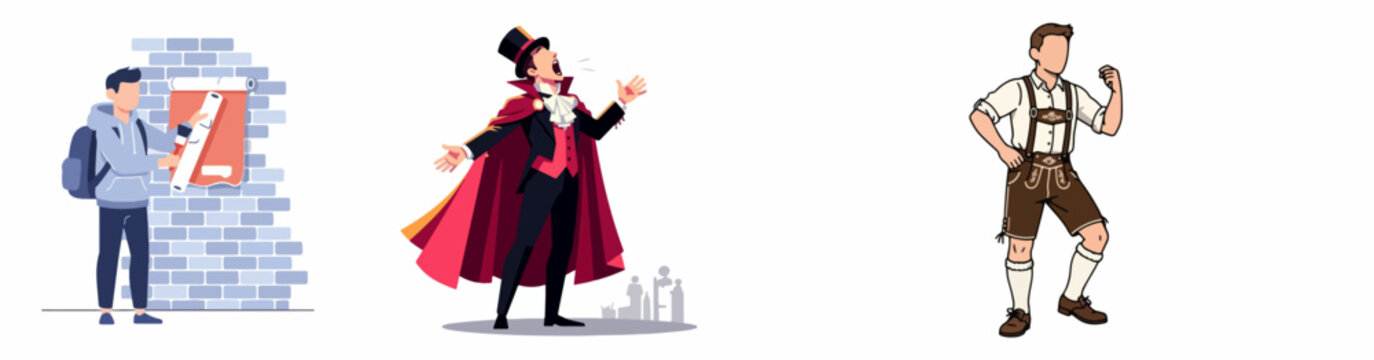 Cartoon characters in theatrical and traditional attire with a student