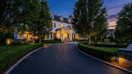 Naklejka premium White colonial mansion at dusk with empty driveway and lampposts evening
