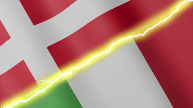 Two waving flags Denmark and Italy with diagonal lightning seamless, 4k loop