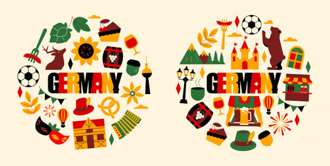 Naklejka premium Germany and Berlin Round Travel Compositions with Icons, Geometric Illustration Set