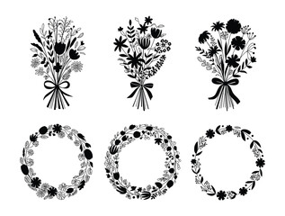 Floral Arrangement Set. A collection of six black and white floral graphics, including three bouquets and three circular wreaths, all adorned with delicate flower and leaf motifs tied with ribbon. © Vector By Kolpona