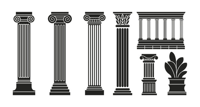 Ancient Architectural Columns. A collection of classical Greek and Roman architectural columns, featuring Ionic, Corinthian, and Doric styles, showcasing their ornate capitals, fluted shafts.