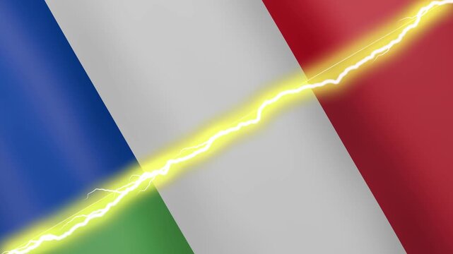 Two waving flags France and Italy with diagonal lightning seamless, 4k loop