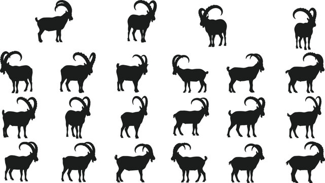 Goat silhouette set with 25 identical black profiles in grid layout for farm and animal themes