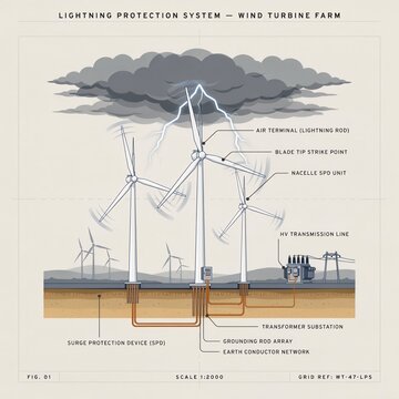 Technical engineering diagram showing wind turbines during a lightning storm with grounding networks, surge protection systems, lightning receptors, and labeled power infrastructure.