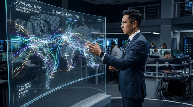 Asian businessman analyzing global data traffic and cloud systems architecture on glass smart screen, cinematic photo