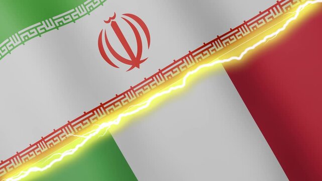 Two waving flags Iran and Italy with diagonal lightning seamless, 4k loop
