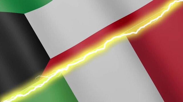 Two waving flags Kuwait and Italy with diagonal lightning seamless, 4k loop