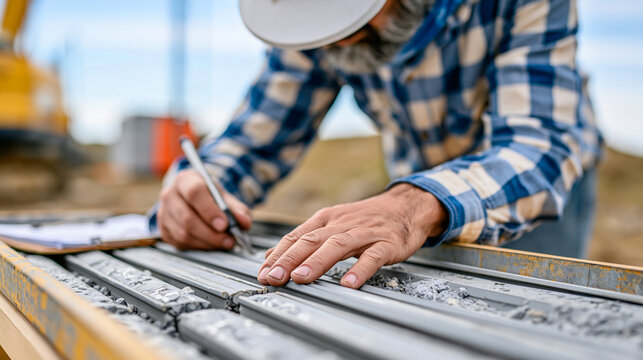 Anonymous mine site geologist examining a drill core sample tray at a field station, mineral exploration and sampling concept, faceless, defocused, with copy space