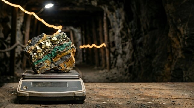 Gold ore chunk on scale inside dark mining tunnel
