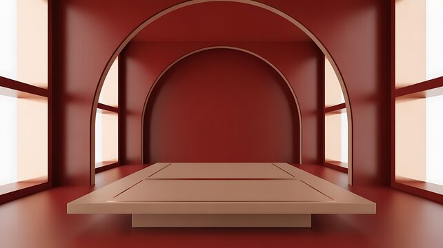 Modern red room with beige platform and archway interior design