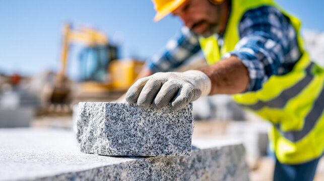 Anonymous granite quarry workers carrying out operations to process stone at a busy work site under clear blue skies, faceless, defocused, with copy space