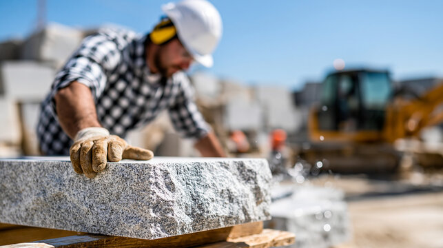 Anonymous granite quarry workers carrying out operations to process stone at a busy work site under clear blue skies, faceless, defocused, with copy space