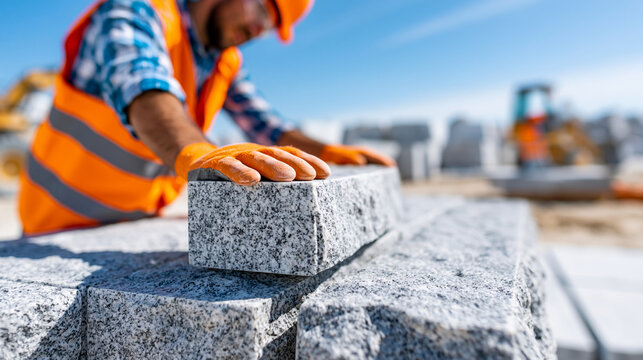 Anonymous granite quarry workers carrying out operations to process stone at a busy work site under clear blue skies, faceless, defocused, with copy space