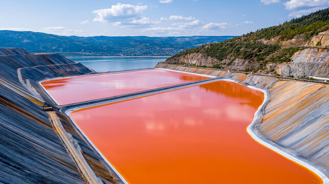 Aerial view of a tailings pond beside a copper mine with orange-red sediment, environmental mining management concept, defocused, with copy space
