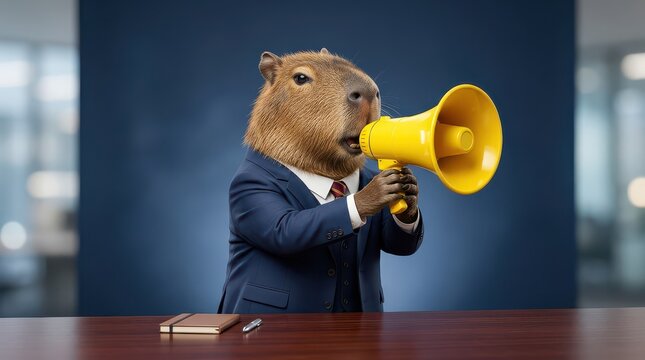 Capybara executive holding yellow megaphone speaking formally suit