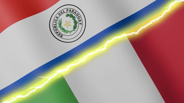 Two waving flags Paraguay and Italy with diagonal lightning seamless, 4k loop