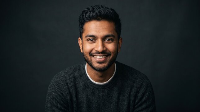 Portrait of a smiling young Indian man with dark hair and beard wearing a sweater