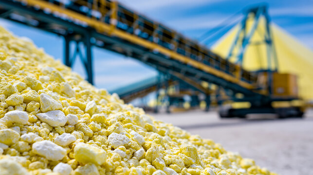 Sulfur stockpile mineral conveyor industrial mining landscape with a raw sulfur mountain and material transport systems, chemical resource storage concept, defocused, with copy