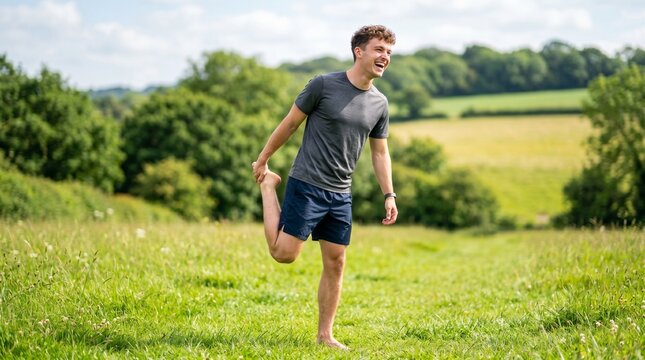 Young Man Stretching Outdoors in a Grassy Field on a Sunny Day