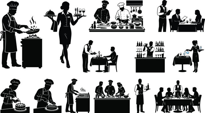 Restaurant chef cooking and waiter service silhouette set