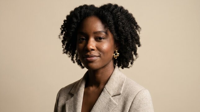 Portrait of a confident Black woman with natural curly hair wearing a blazer and gold earrings