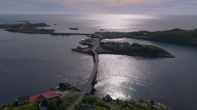 Aerial drone video of Lofoten Islands Norway causeway bridge connectin