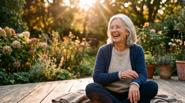 Joyful senior woman laughing outdoors in a garden during golden hour