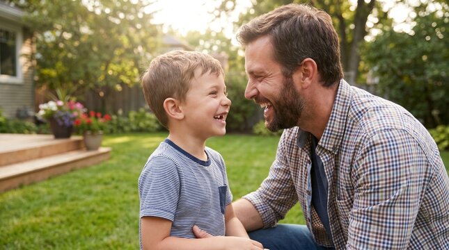 Father and son laughing together in a sunny backyard