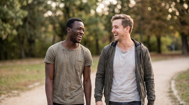 Two happy men of different ethnicities laughing while walking in a park