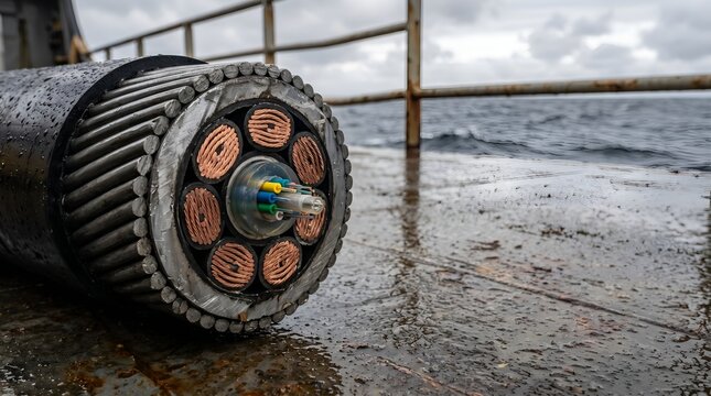 Subsea power cable cross section on ship deck vessel