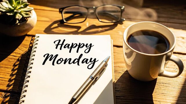 Happy Monday note, coffee, pen, glasses on wooden desk in morning sun.