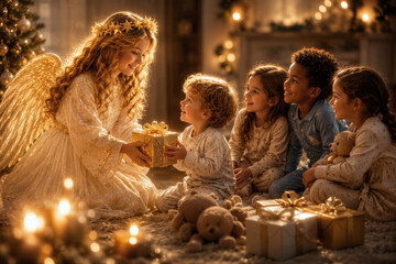 Naklejka premium Deutsches Christkind überreicht Kindern ein Geschenk und schafft einen magischen Weihnachtsmoment voller Freude, Wärme und festlicher Tradition.