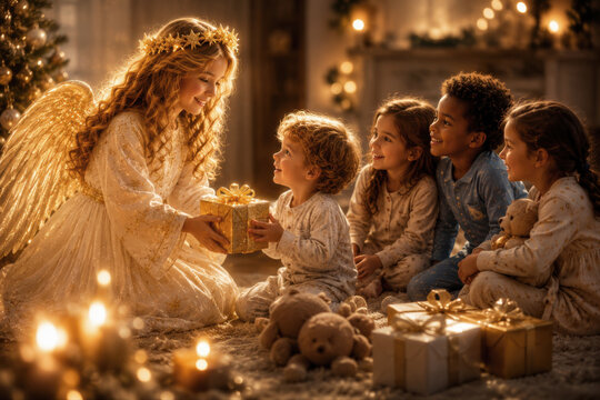 Deutsches Christkind &uuml;berreicht Kindern ein Geschenk und schafft einen magischen Weihnachtsmoment voller Freude, W&auml;rme und festlicher Tradition.