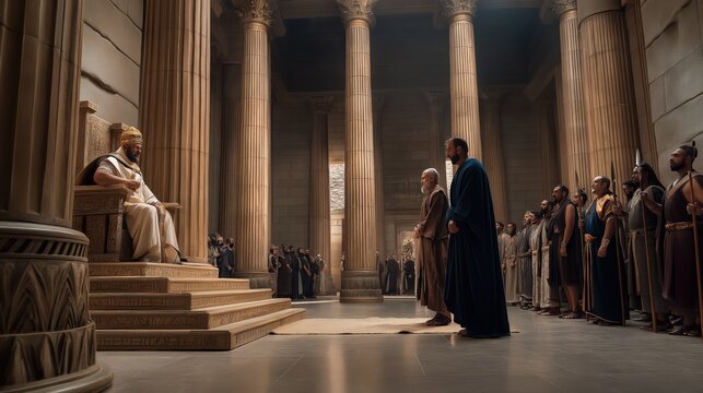 Moses and Aaron stand before pharaoh demanding obedience to god as royal authority is challenged within the throne room of egypt.