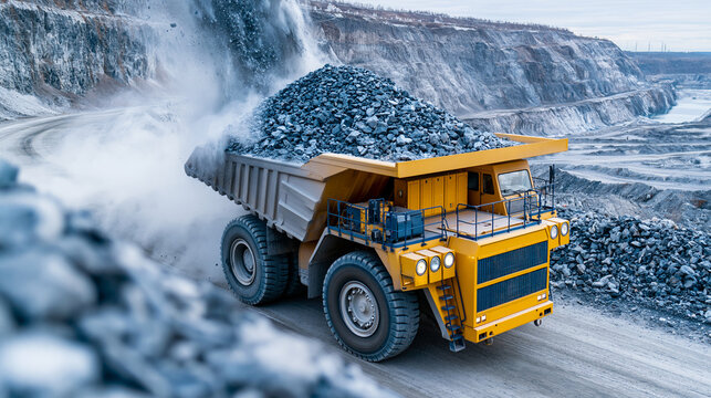Aerial view of material unloading at a primary crusher with a CAEX mining dump truck, open-pit quarry operations concept, defocused, with copy space