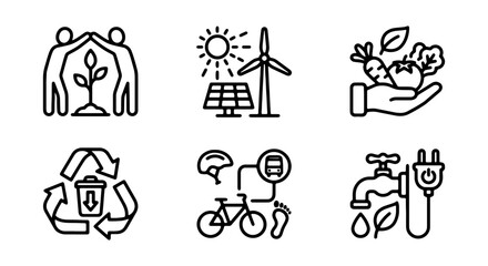 Obraz premium Eco Icons Set: Sustainability, Renewable Energy, Recycling, Healthy Food, Green Transport