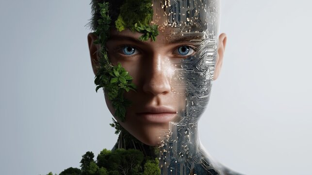 Split Portrait of an AI Humanoid Showing Human and Robotic Sides with Futuristic Artificial Intelligence Concept.