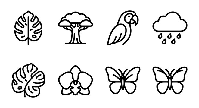 Nature Icons Set: Tropical Leaves, Orchid, Parrot, Tree, Butterflies, Rain Cloud
