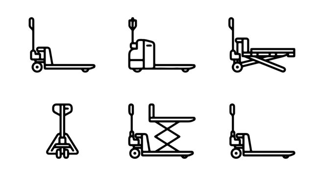 Pallet Jack Icons Set, Warehouse Equipment Vector Graphics, Material Handling Tools