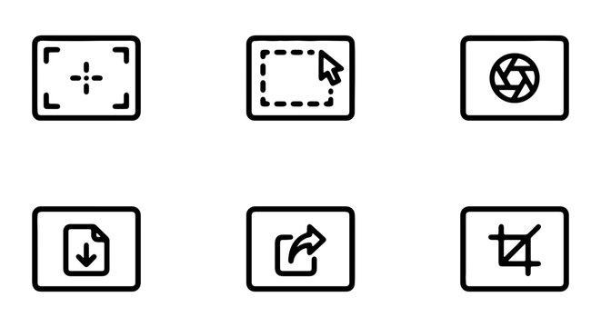 Modern UI Icons: Camera Focus, Selection, Aperture, Download, Share, Crop